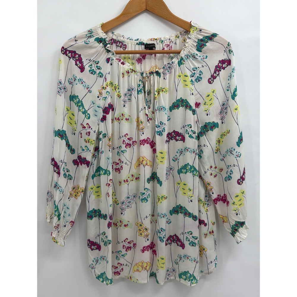 Talbots Floral Rayon Peasant Blouse XL White Pink Orchid Keyhole 3/4 Sleeve Top